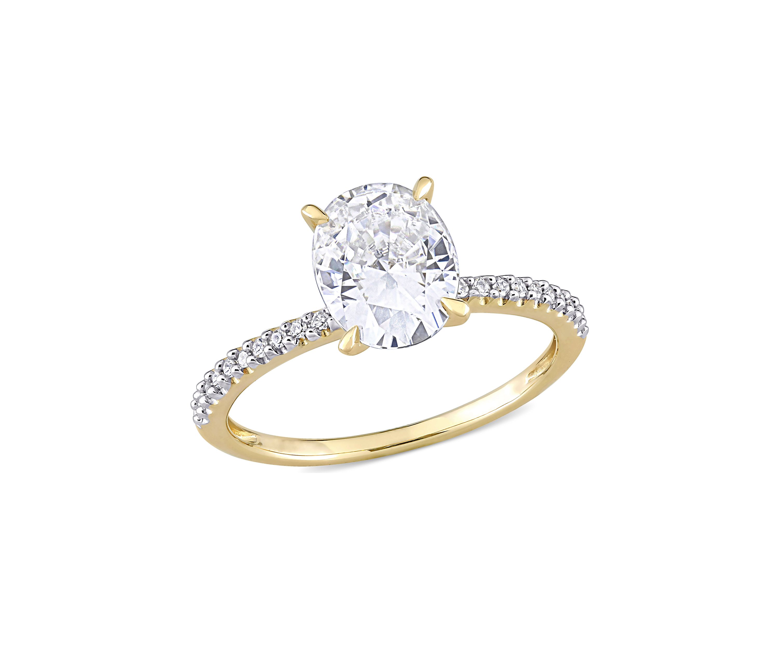 Lab Created 2 ct. t.w. Moissanite and 1/10 ct. t.w. Diamond Oval Solitaire Engagement Ring in 14k Yellow Gold