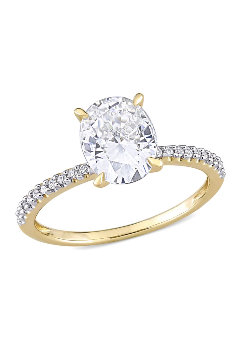 Lab Created 2 ct. t.w. Moissanite and 1/10 ct. t.w. Diamond Oval Solitaire Engagement Ring in 14k Yellow Gold
