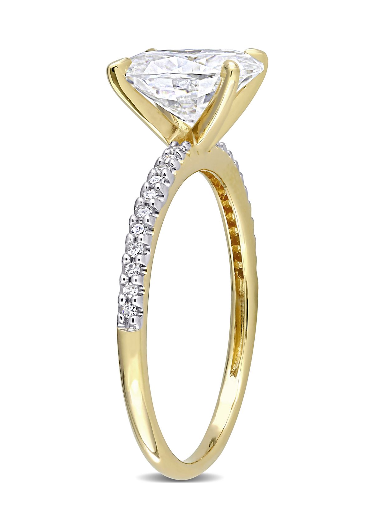 Lab Created 2 ct. t.w. Moissanite and 1/10 ct. t.w. Diamond Oval Solitaire Engagement Ring in 14k Yellow Gold