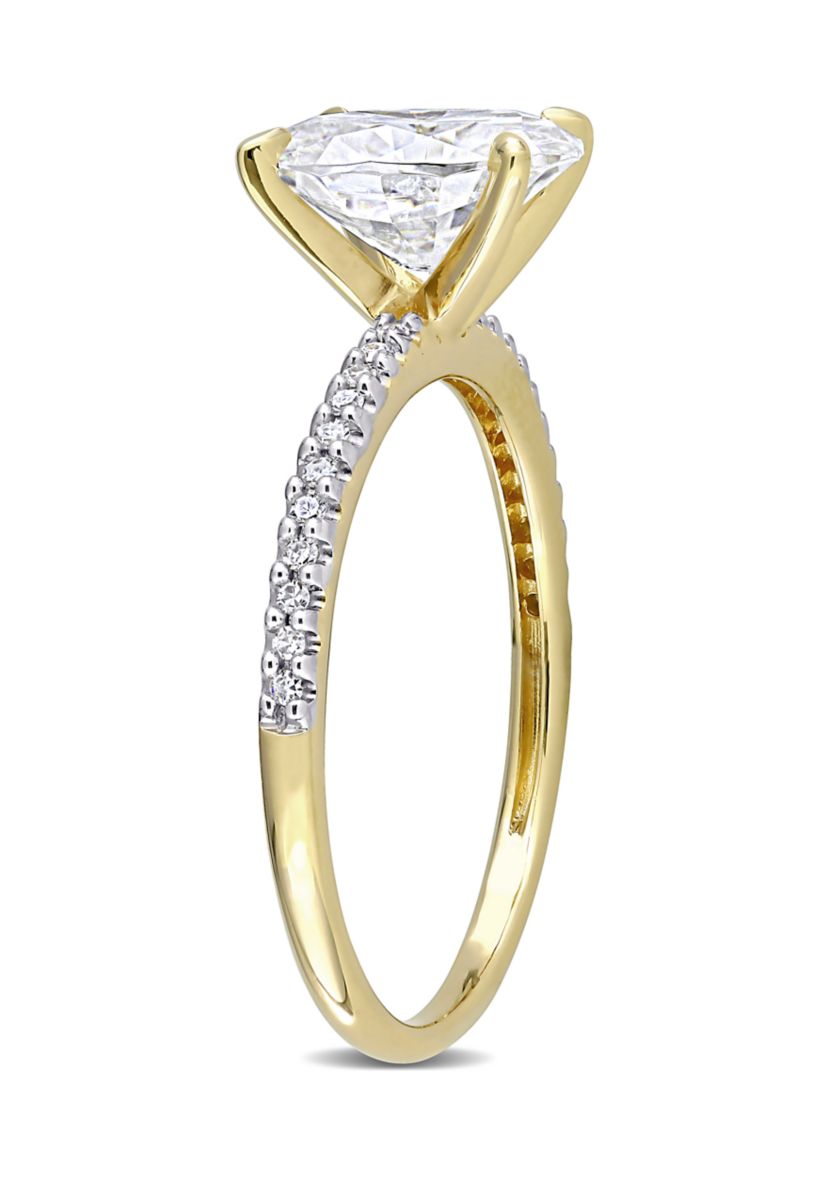 Lab Created 2 ct. t.w. Moissanite and 1/10 ct. t.w. Diamond Oval Solitaire Engagement Ring in 14k Yellow Gold