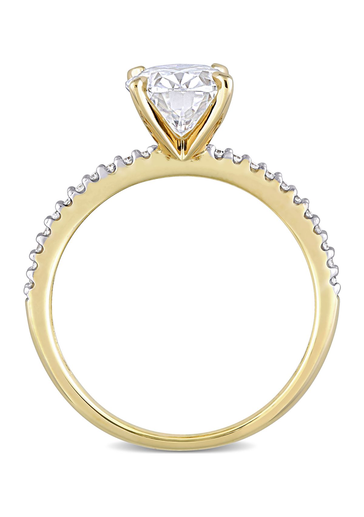 Lab Created 2 ct. t.w. Moissanite and 1/10 ct. t.w. Diamond Oval Solitaire Engagement Ring in 14k Yellow Gold