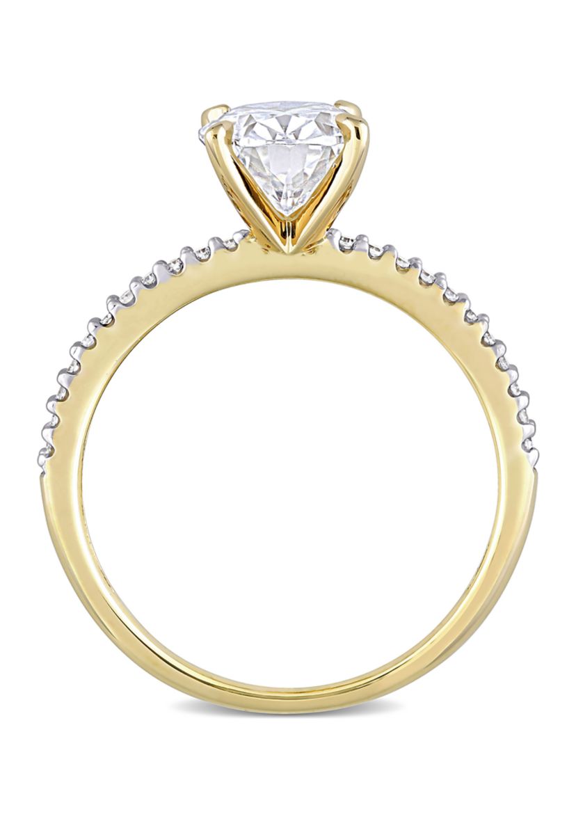 Lab Created 2 ct. t.w. Moissanite and 1/10 ct. t.w. Diamond Oval Solitaire Engagement Ring in 14k Yellow Gold