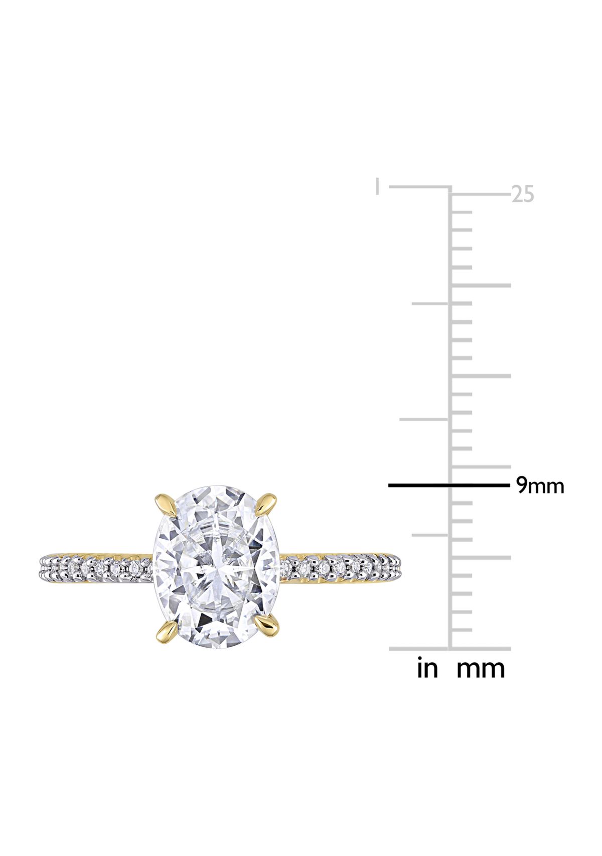 Lab Created 2 ct. t.w. Moissanite and 1/10 ct. t.w. Diamond Oval Solitaire Engagement Ring in 14k Yellow Gold