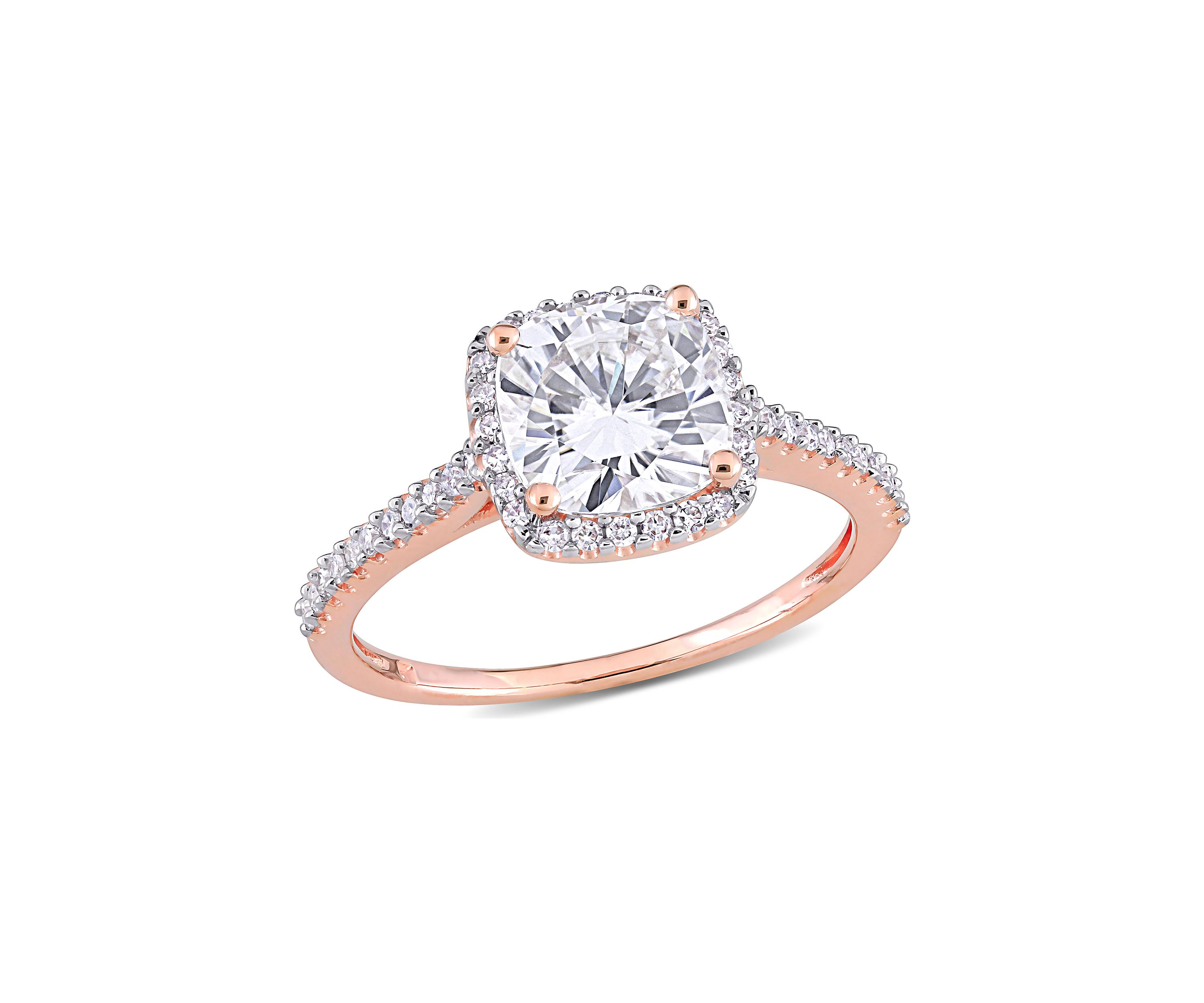 Lab Created 2 ct. t.w. Moissanite and 1/4 ct. t.w. Diamond Cushion-Cut Halo Engagement Ring in 14k Rose Gold