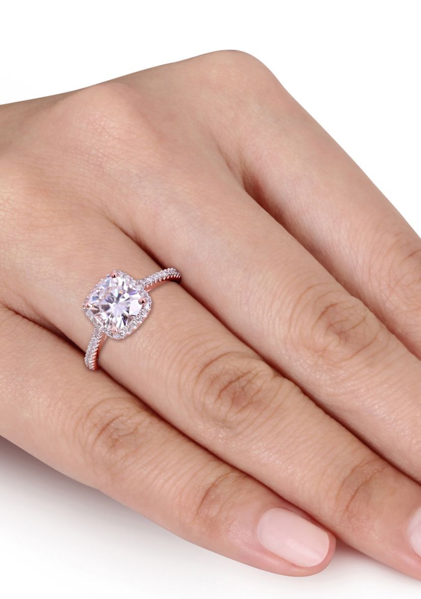 Lab Created 2 ct. t.w. Moissanite and 1/4 ct. t.w. Diamond Cushion-Cut Halo Engagement Ring in 14k Rose Gold