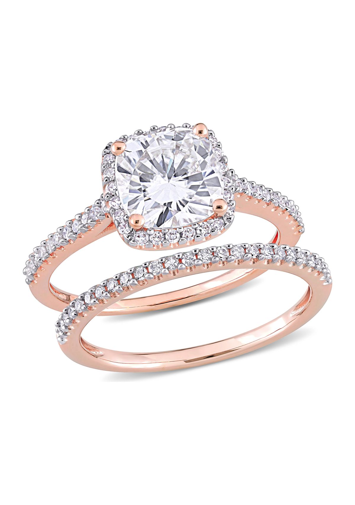 Lab Created 2 ct. t.w. Cushion Moissanite and 1/3 ct. t.w. Diamond Bridal Ring Set in 14k Rose Gold