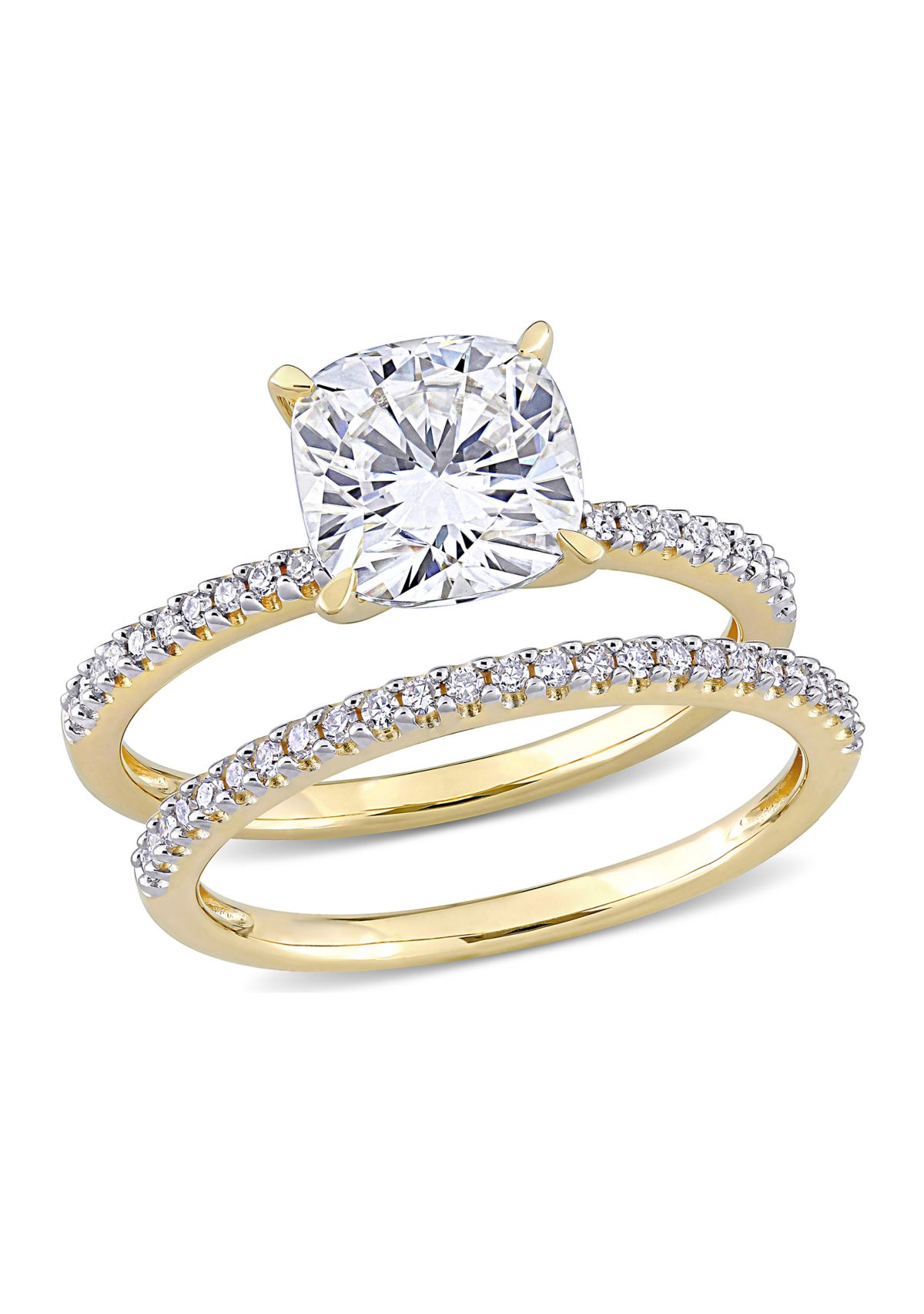 Lab Created 2 ct. t.w. Cushion Moissanite and 1/4 ct. t.w. Diamond Bridal Ring Set in 14k Yellow Gold