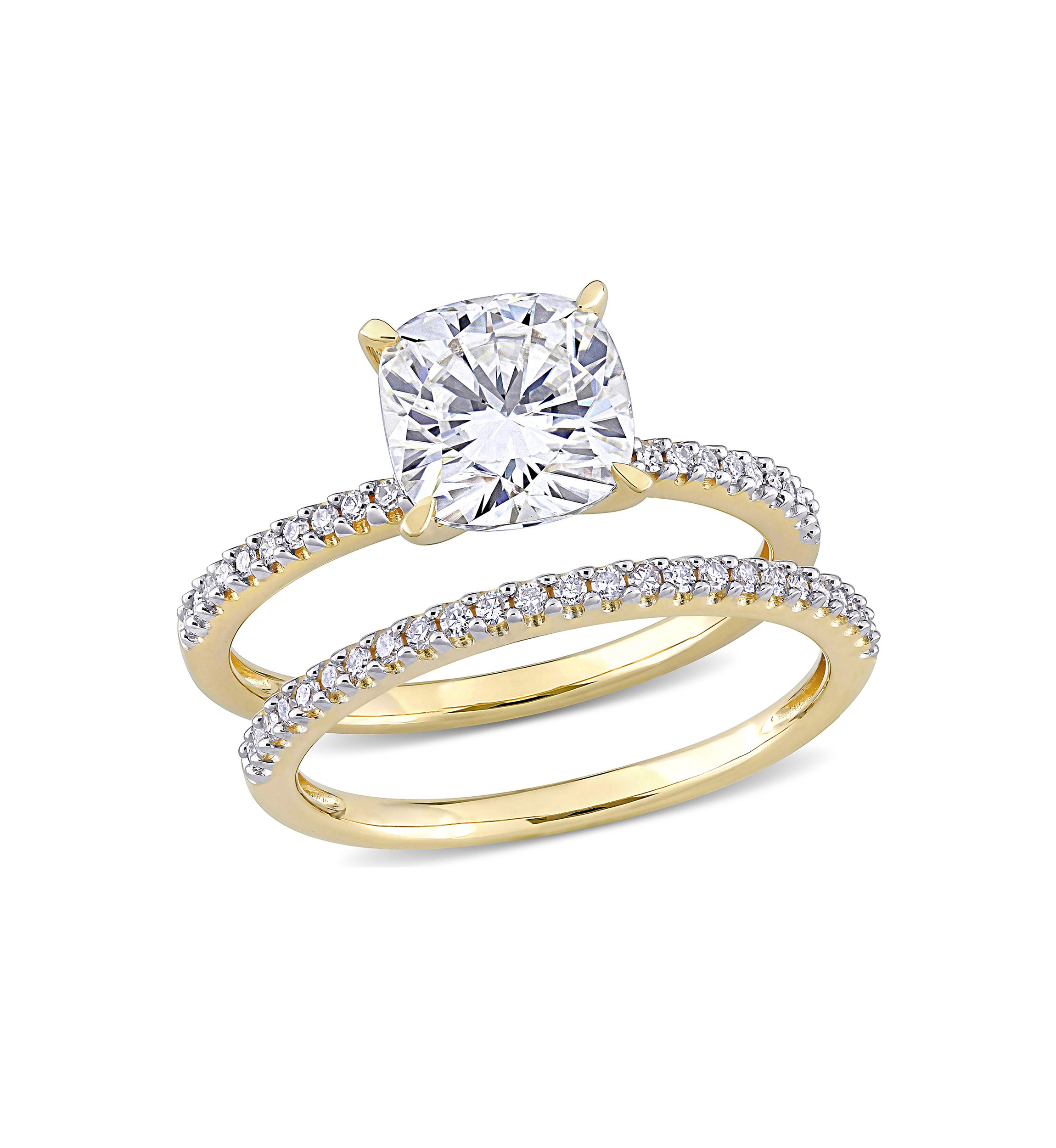 Lab Created 2 ct. t.w. Cushion Moissanite and 1/4 ct. t.w. Diamond Bridal Ring Set in 14k Yellow Gold