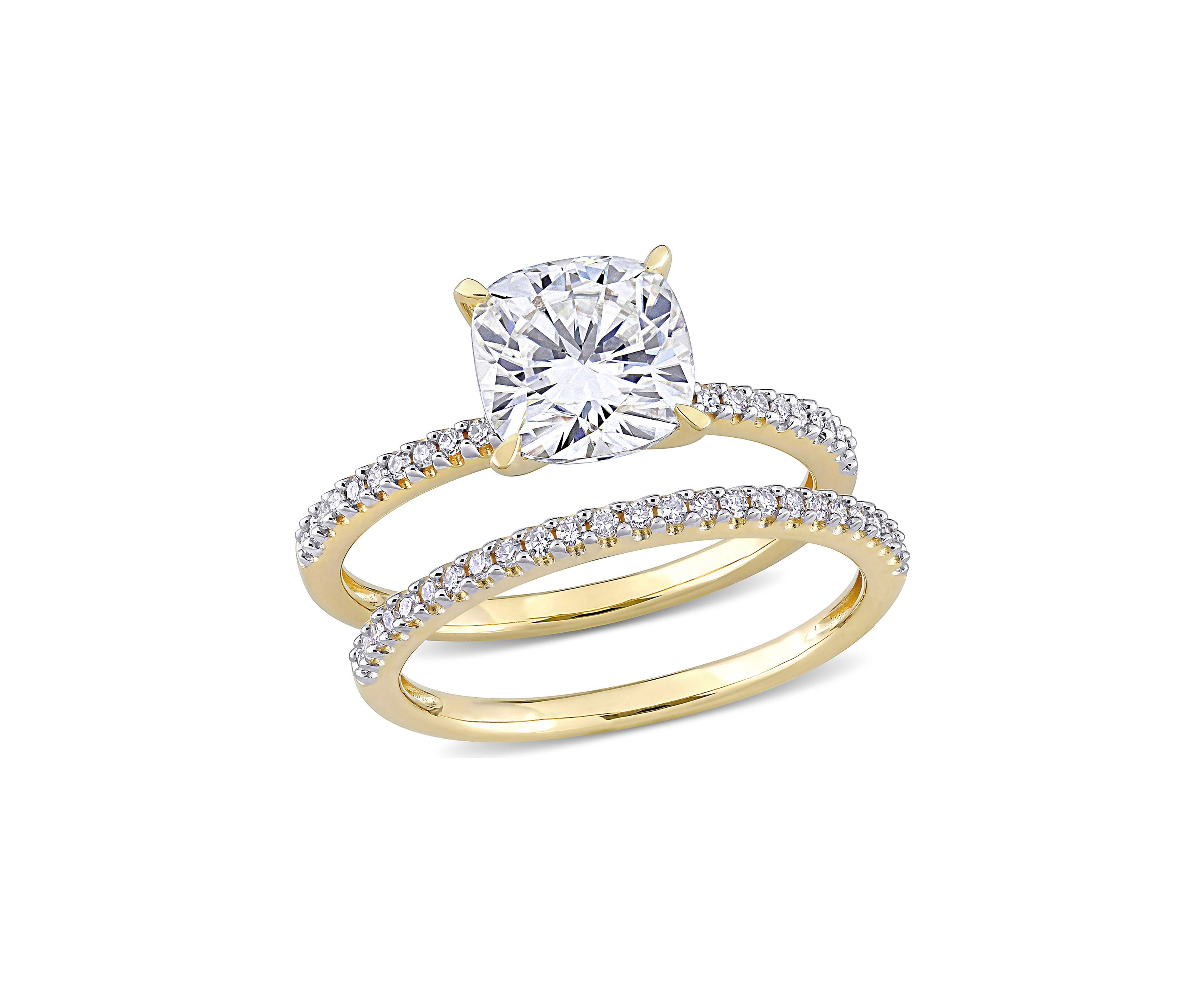 Lab Created 2 ct. t.w. Cushion Moissanite and 1/4 ct. t.w. Diamond Bridal Ring Set in 14k Yellow Gold