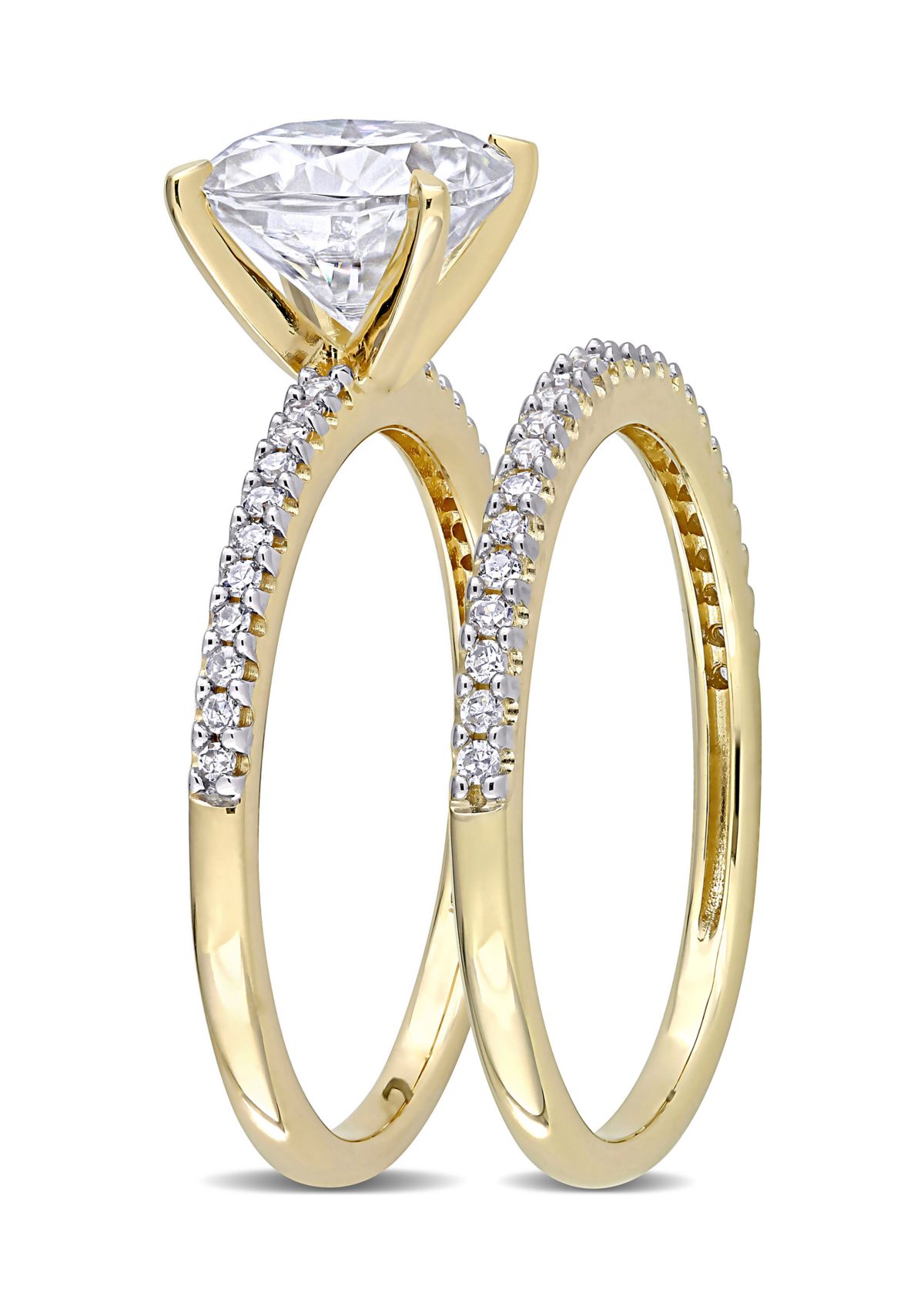 Lab Created 2 ct. t.w. Cushion Moissanite and 1/4 ct. t.w. Diamond Bridal Ring Set in 14k Yellow Gold