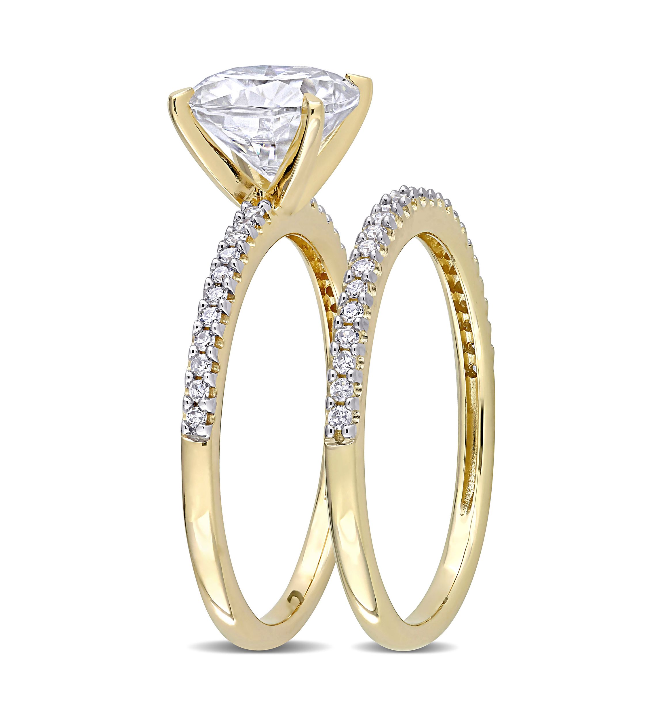 Lab Created 2 ct. t.w. Cushion Moissanite and 1/4 ct. t.w. Diamond Bridal Ring Set in 14k Yellow Gold
