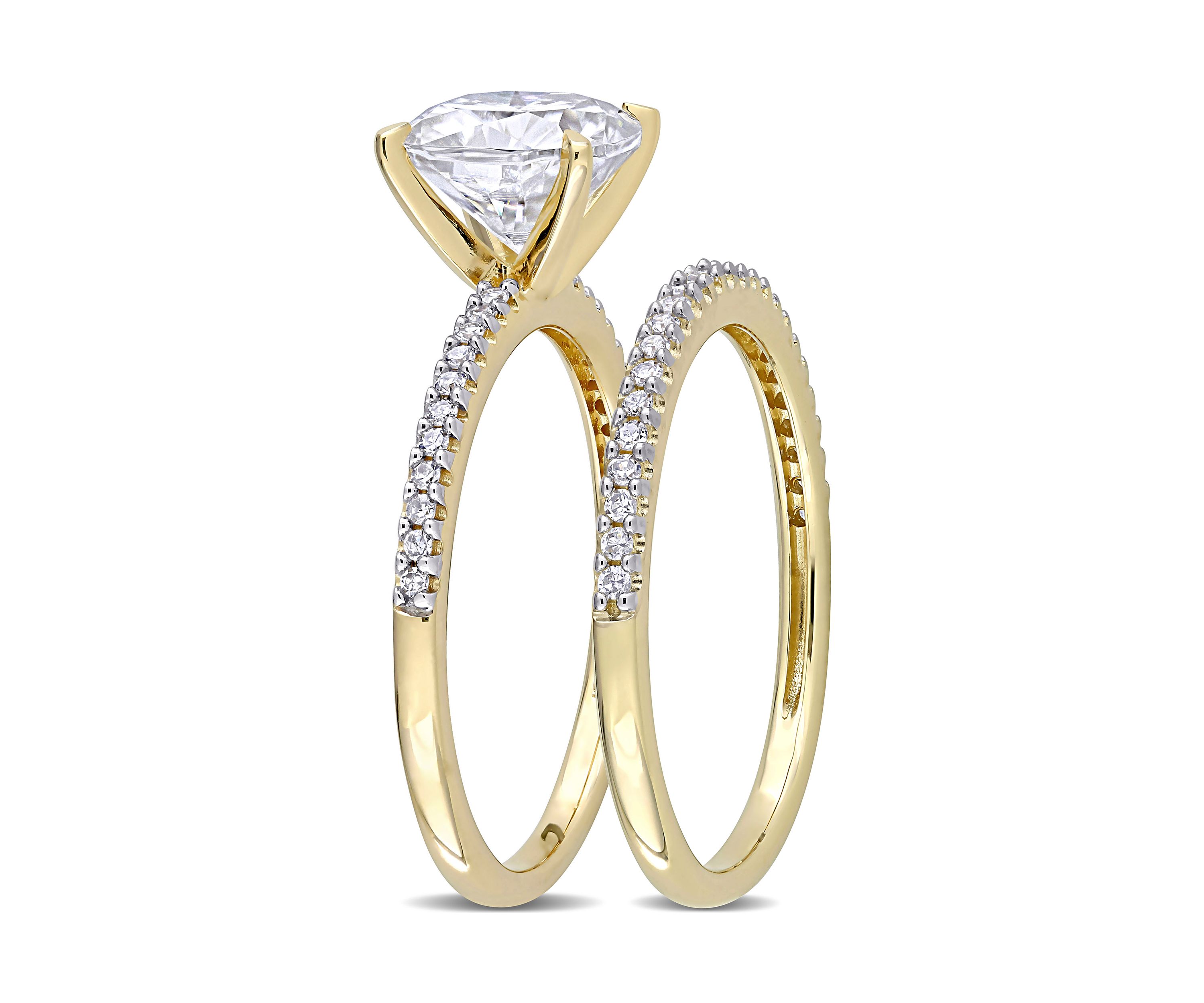 Lab Created 2 ct. t.w. Cushion Moissanite and 1/4 ct. t.w. Diamond Bridal Ring Set in 14k Yellow Gold