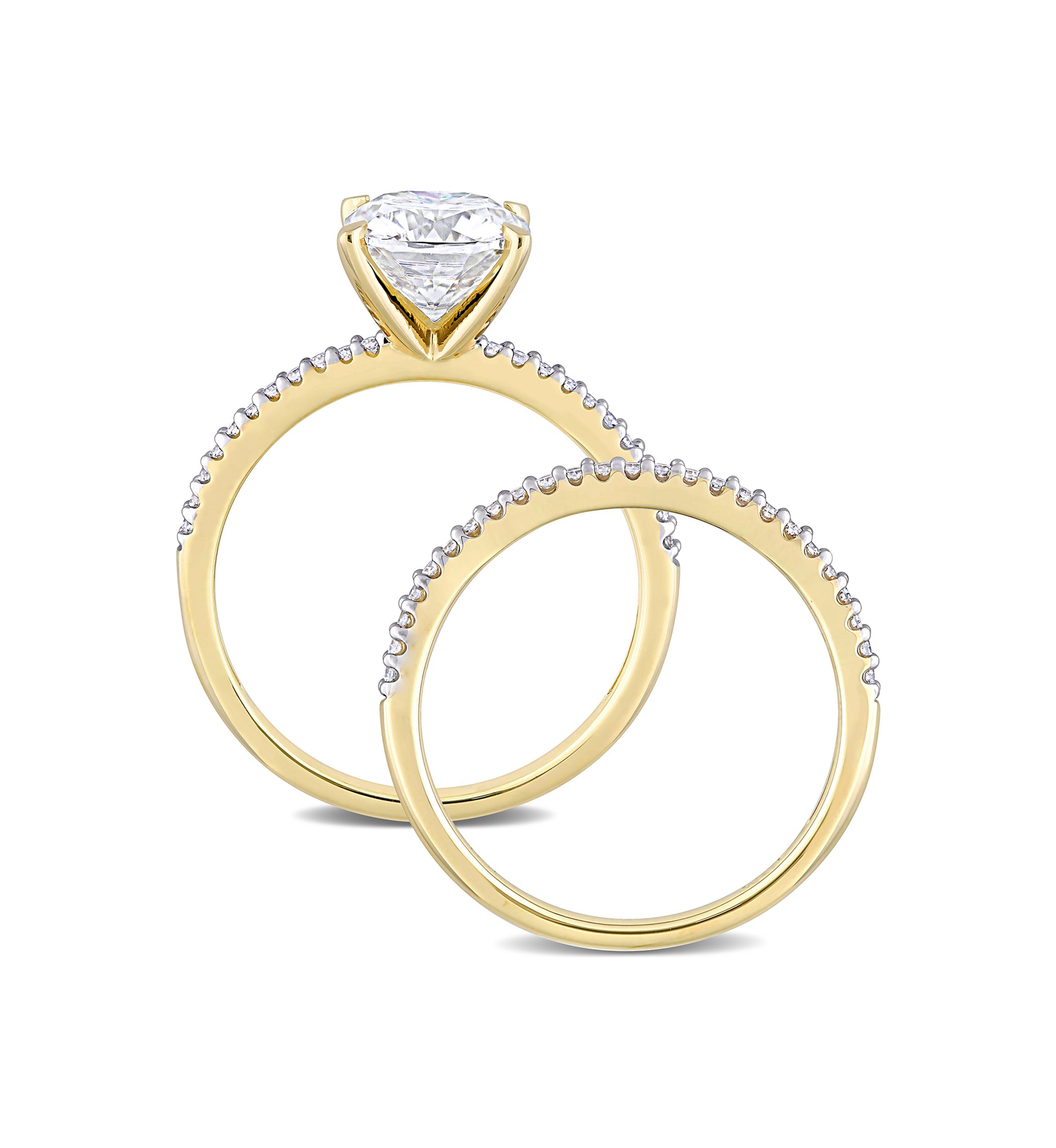 Lab Created 2 ct. t.w. Cushion Moissanite and 1/4 ct. t.w. Diamond Bridal Ring Set in 14k Yellow Gold