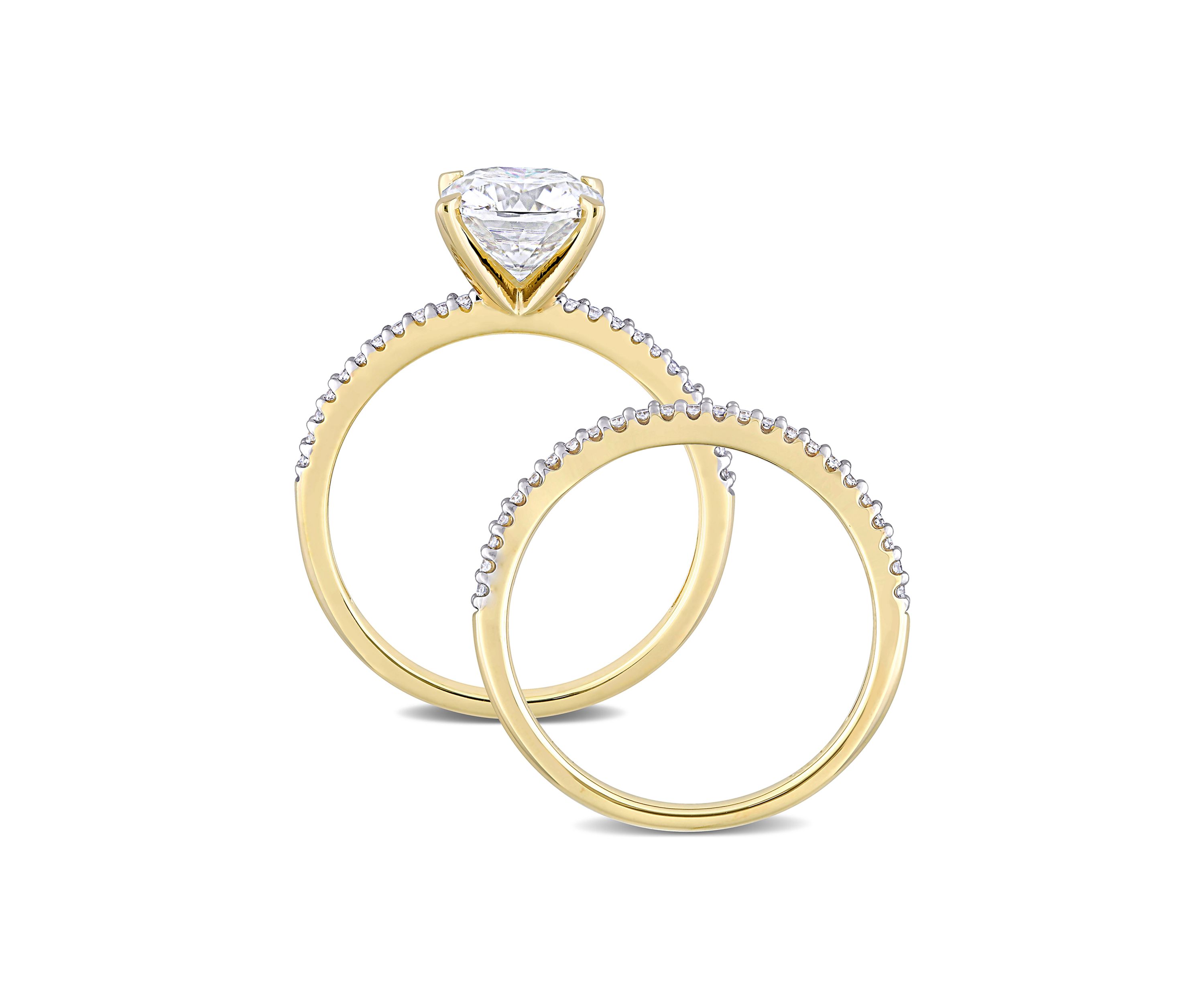 Lab Created 2 ct. t.w. Cushion Moissanite and 1/4 ct. t.w. Diamond Bridal Ring Set in 14k Yellow Gold