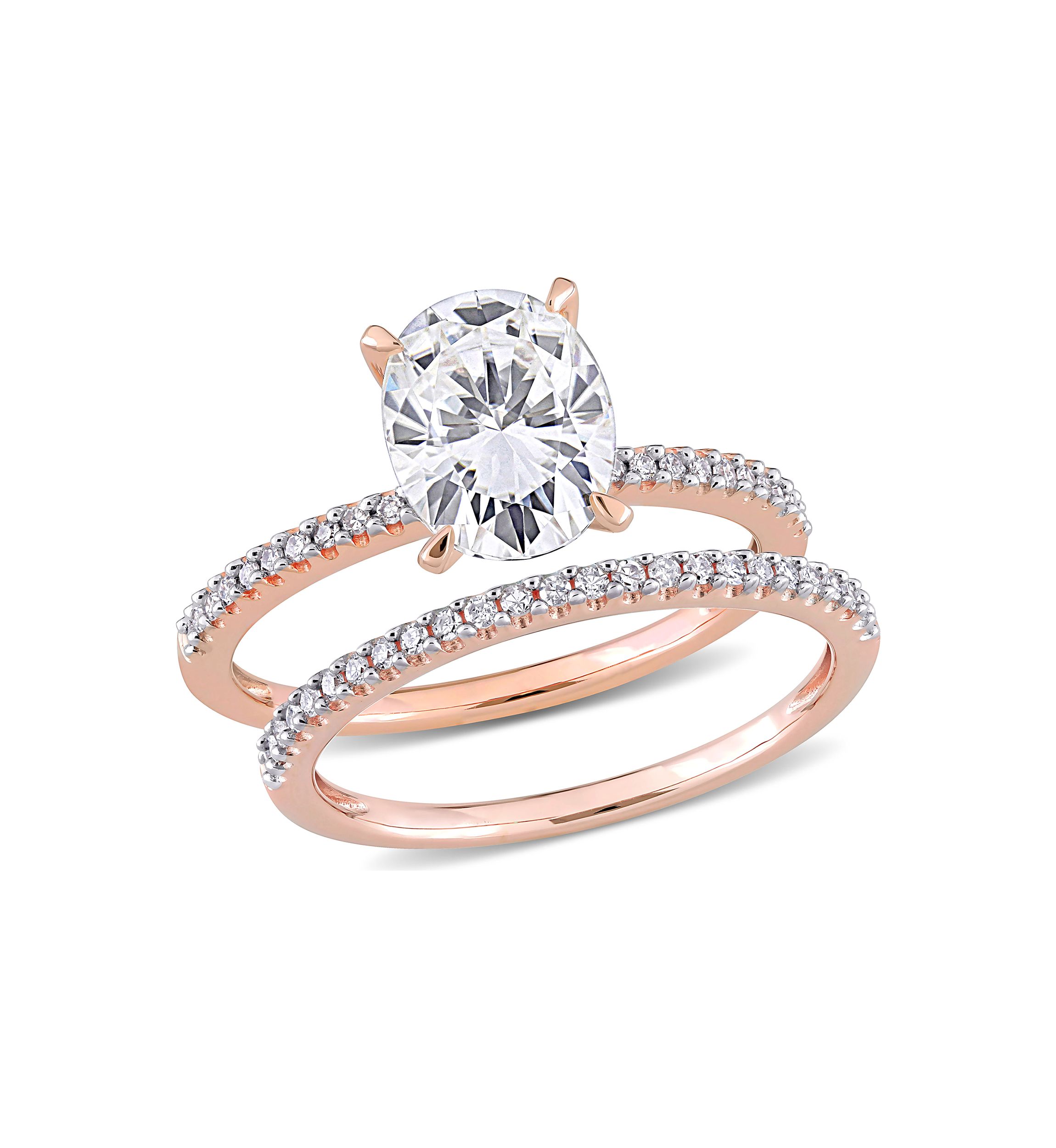 Lab Created 2 ct. t.w. Oval Moissanite and 1/4 ct. t.w. Diamond Bridal Ring Set in 14k Rose Gold