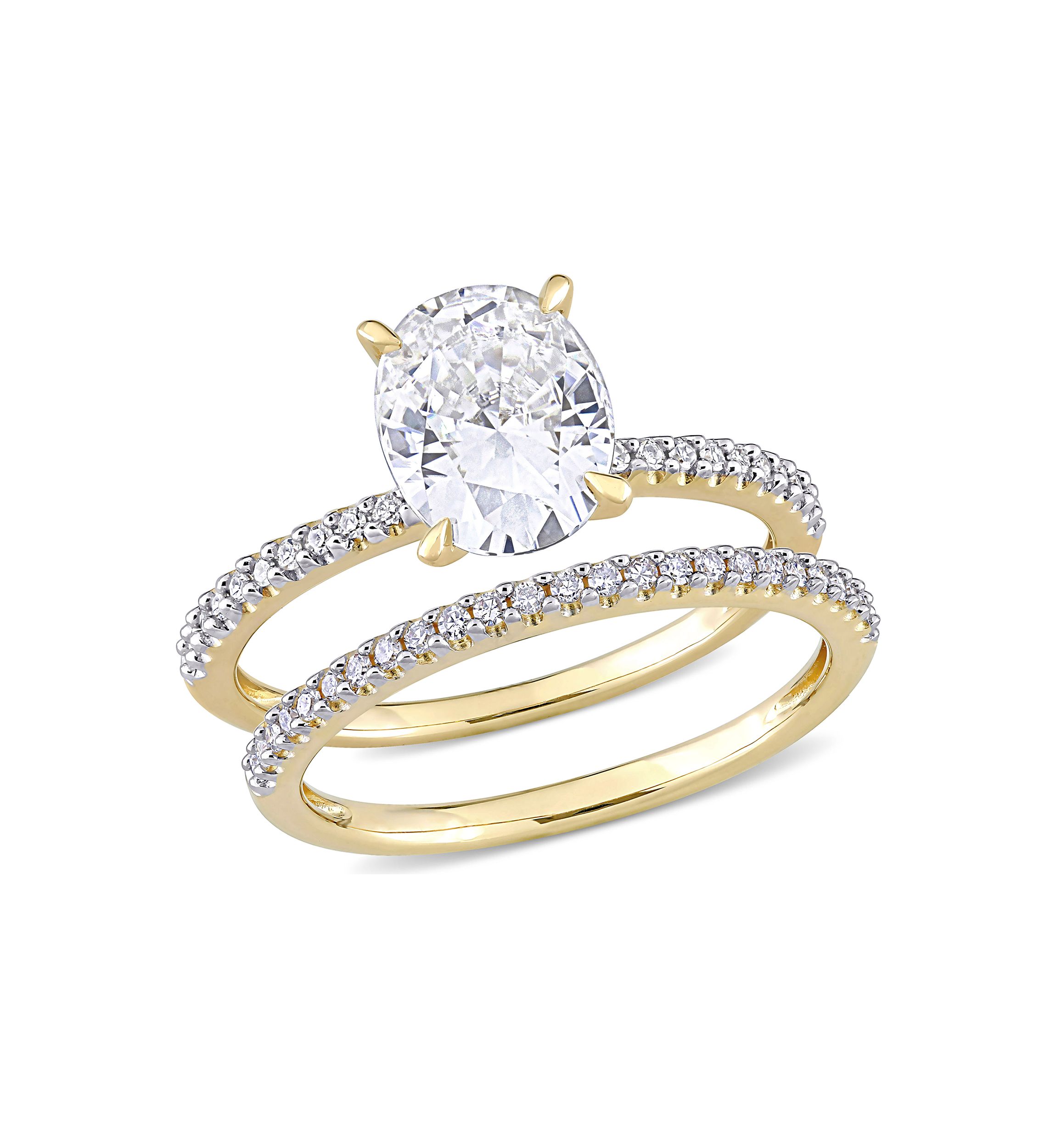 Lab Created 2 ct. t.w. Oval Moissanite and 1/4 ct. t.w. Diamond Bridal Ring Set in 14k Yellow Gold