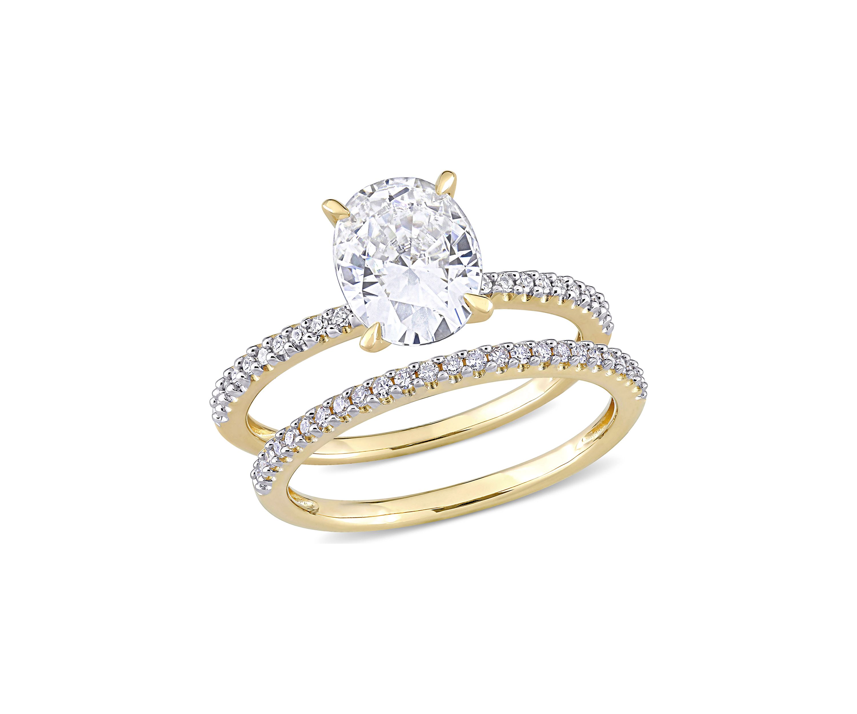 Lab Created 2 ct. t.w. Oval Moissanite and 1/4 ct. t.w. Diamond Bridal Ring Set in 14k Yellow Gold