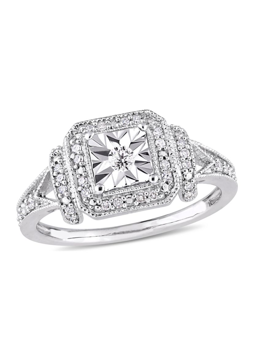 1/5 ct. t.w. Diamond Halo Square Vintage Promise Ring in Sterling Silver