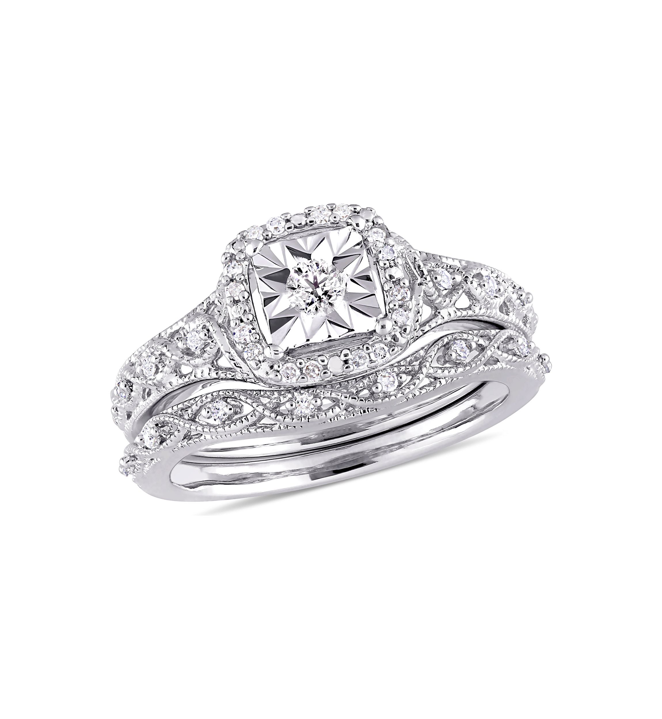 1/5 ct. t.w. Diamond Halo Vintage Bridal Set in Sterling Silver