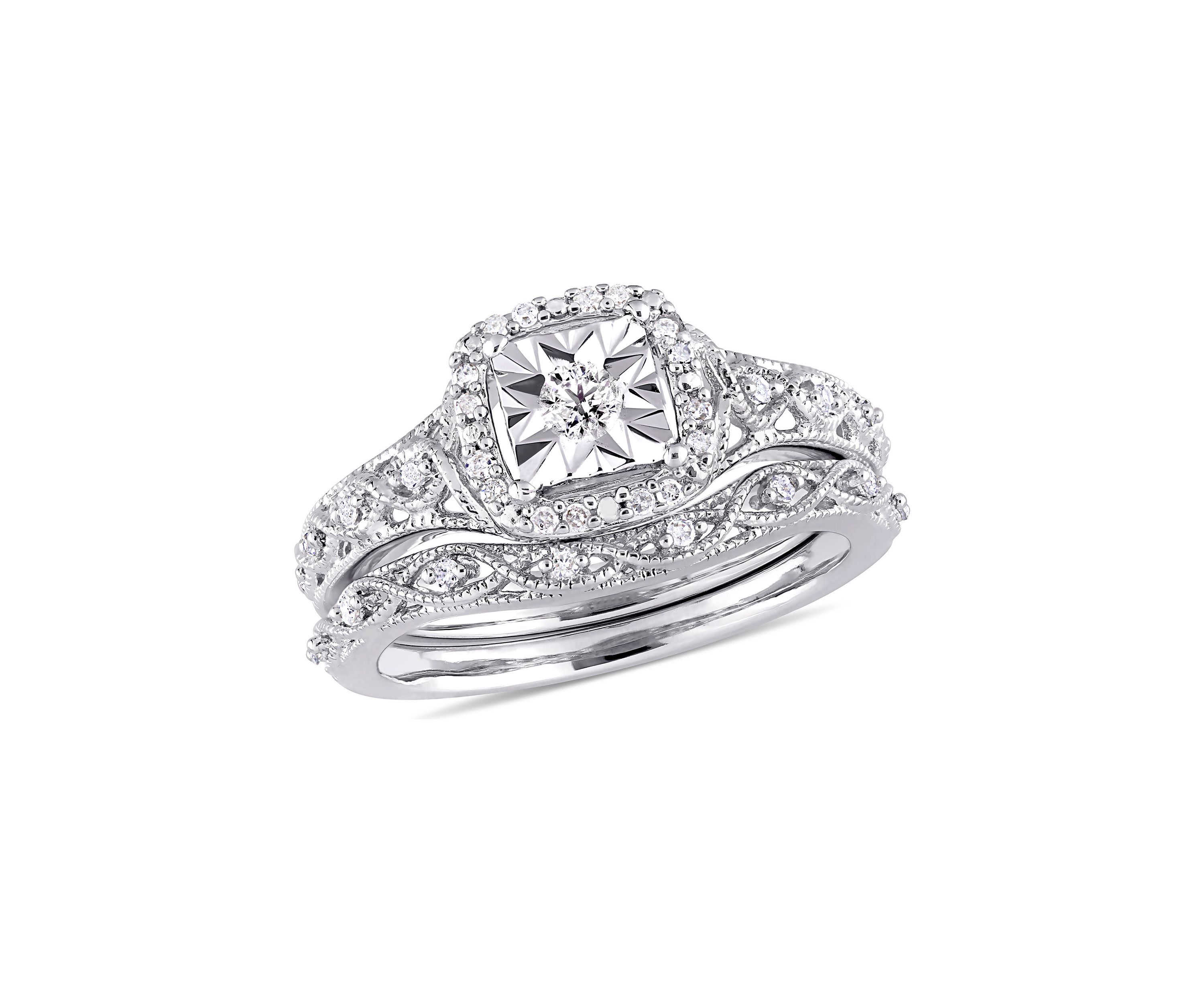1/5 ct. t.w. Diamond Halo Vintage Bridal Set in Sterling Silver