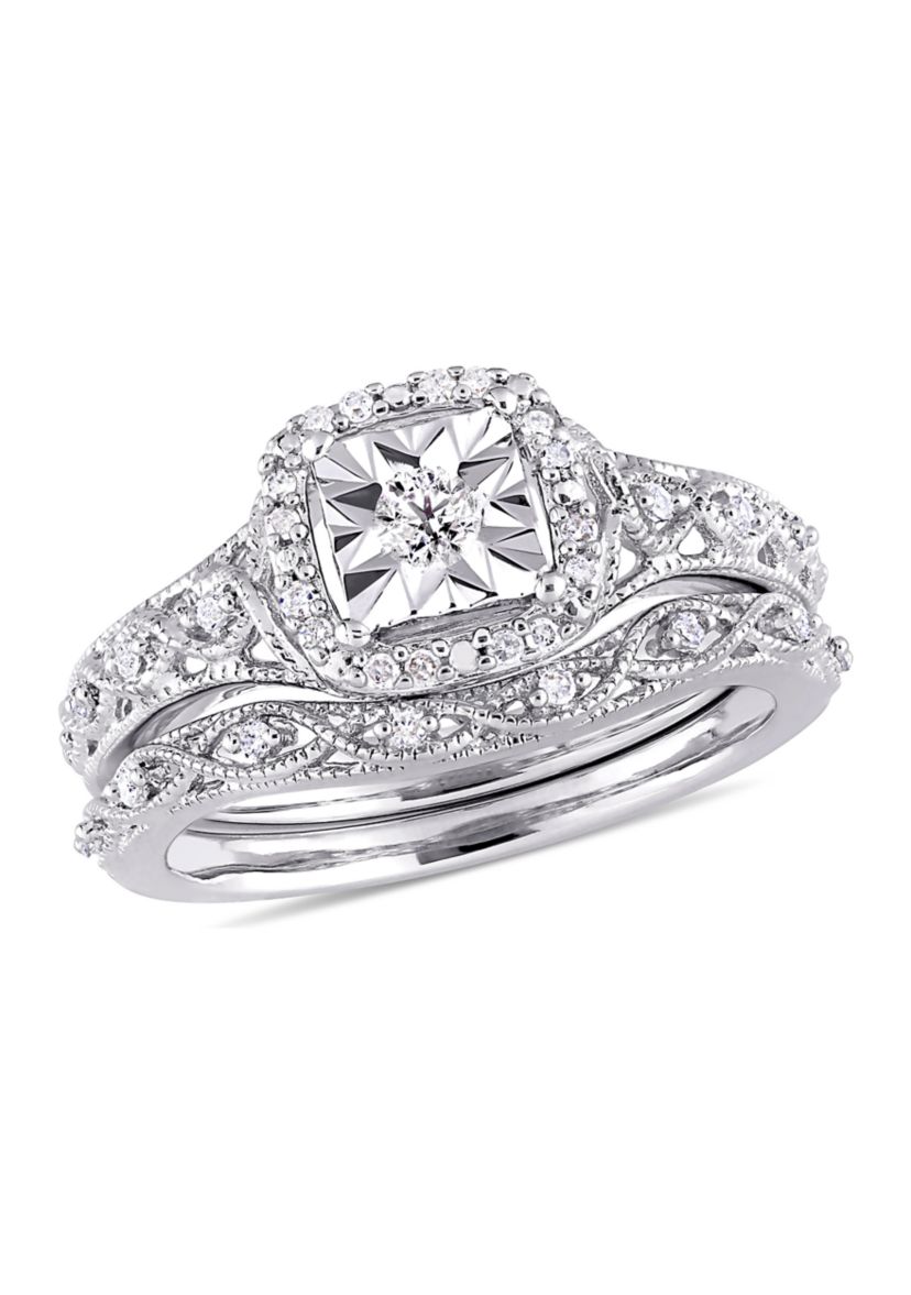 1/5 ct. t.w. Diamond Halo Vintage Bridal Set in Sterling Silver