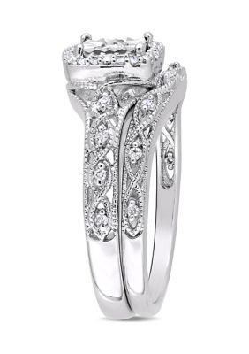 1/5 ct. t.w. Diamond Halo Vintage Bridal Set Sterling Silver