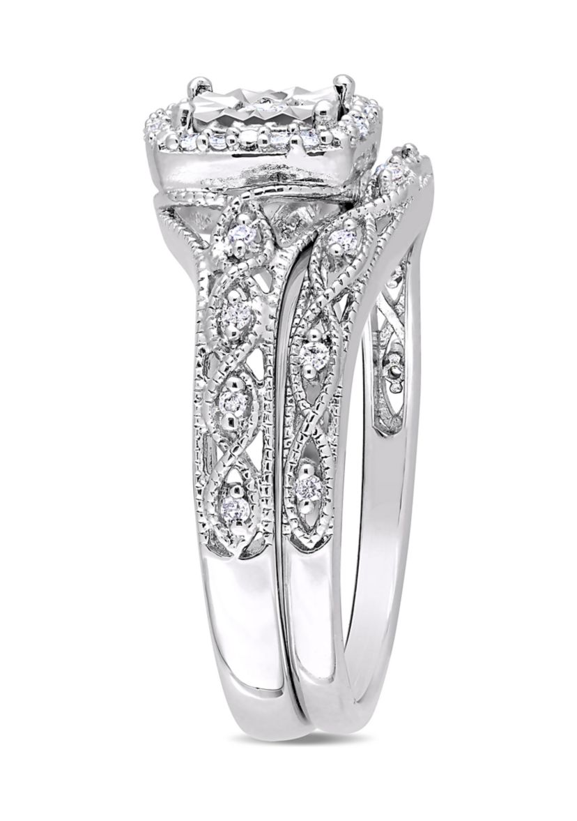 1/5 ct. t.w. Diamond Halo Vintage Bridal Set in Sterling Silver