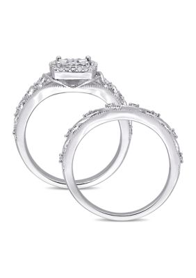 1/5 ct. t.w. Diamond Halo Vintage Bridal Set Sterling Silver