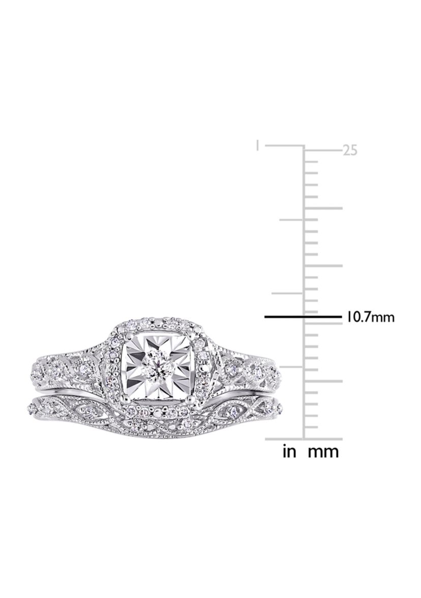 1/5 ct. t.w. Diamond Halo Vintage Bridal Set in Sterling Silver