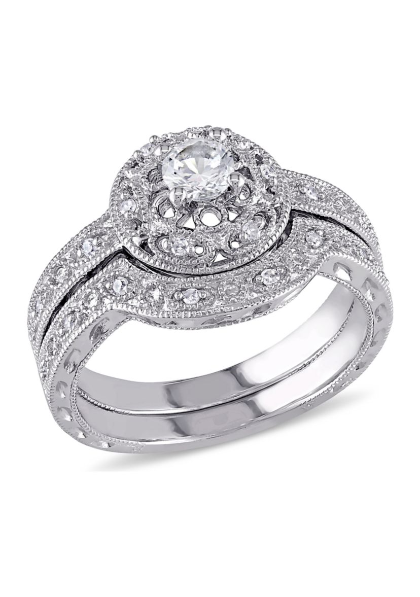 1/3 ct. t.w. Created White Sapphire and 1/10 ct. t.w. Diamond Vintage Bridal Set in Sterling Silver