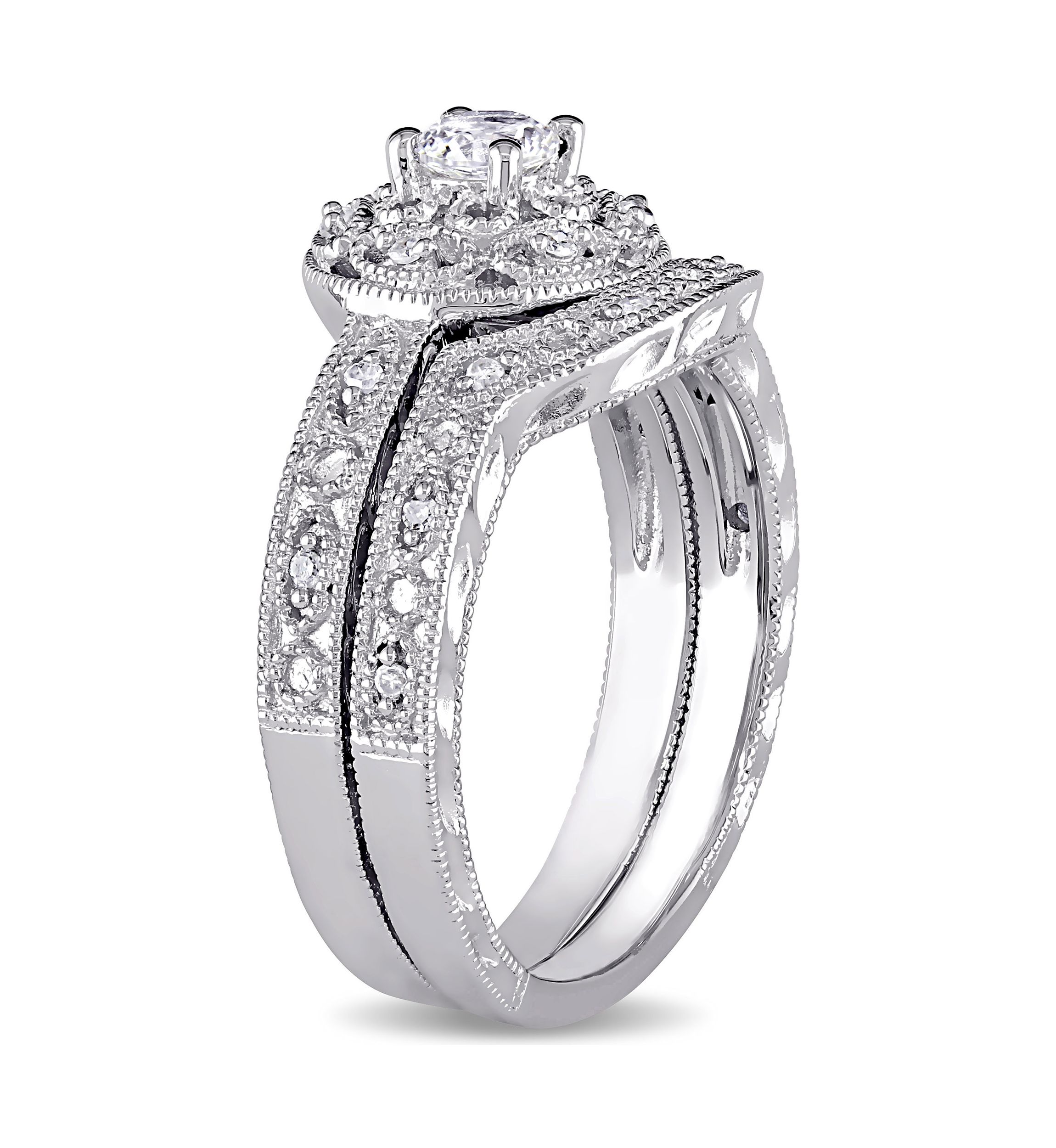 1/3 ct. t.w. Created White Sapphire and 1/10 ct. t.w. Diamond Vintage Bridal Set in Sterling Silver