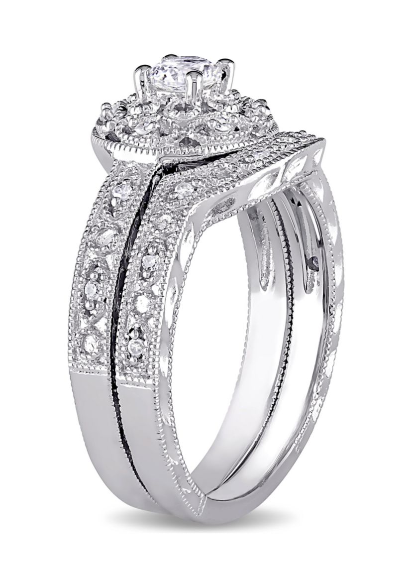 1/3 ct. t.w. Created White Sapphire and 1/10 ct. t.w. Diamond Vintage Bridal Set in Sterling Silver