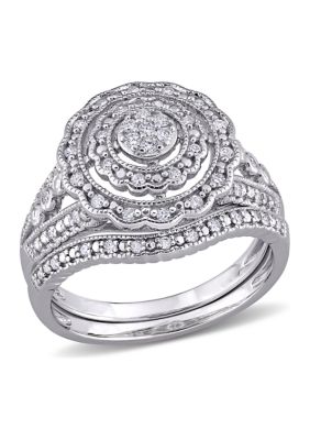 Belk & Co 1/4 ct. t.w. Diamond Double Halo Circular Bridal Set in Sterling Silver, White, 6 -  0686692377462