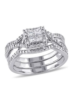 Belk & Co 1/2 ct. t.w. Diamond Princess Cut Halo 3-Piece Bridal Set in Sterling Silver, White, 6