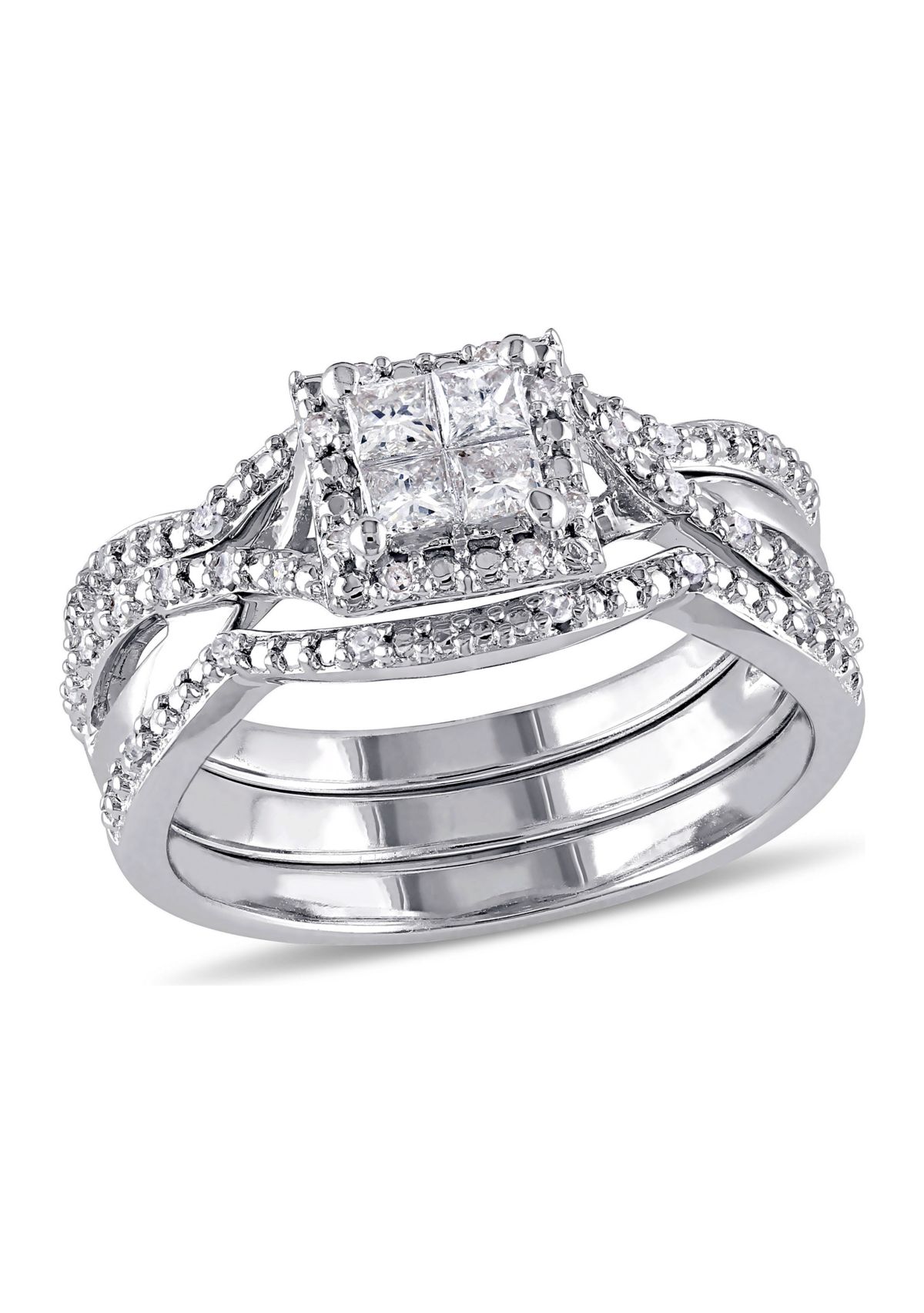 1/2 ct. t.w. Diamond Princess Cut Halo 3-Piece Bridal Set in Sterling Silver