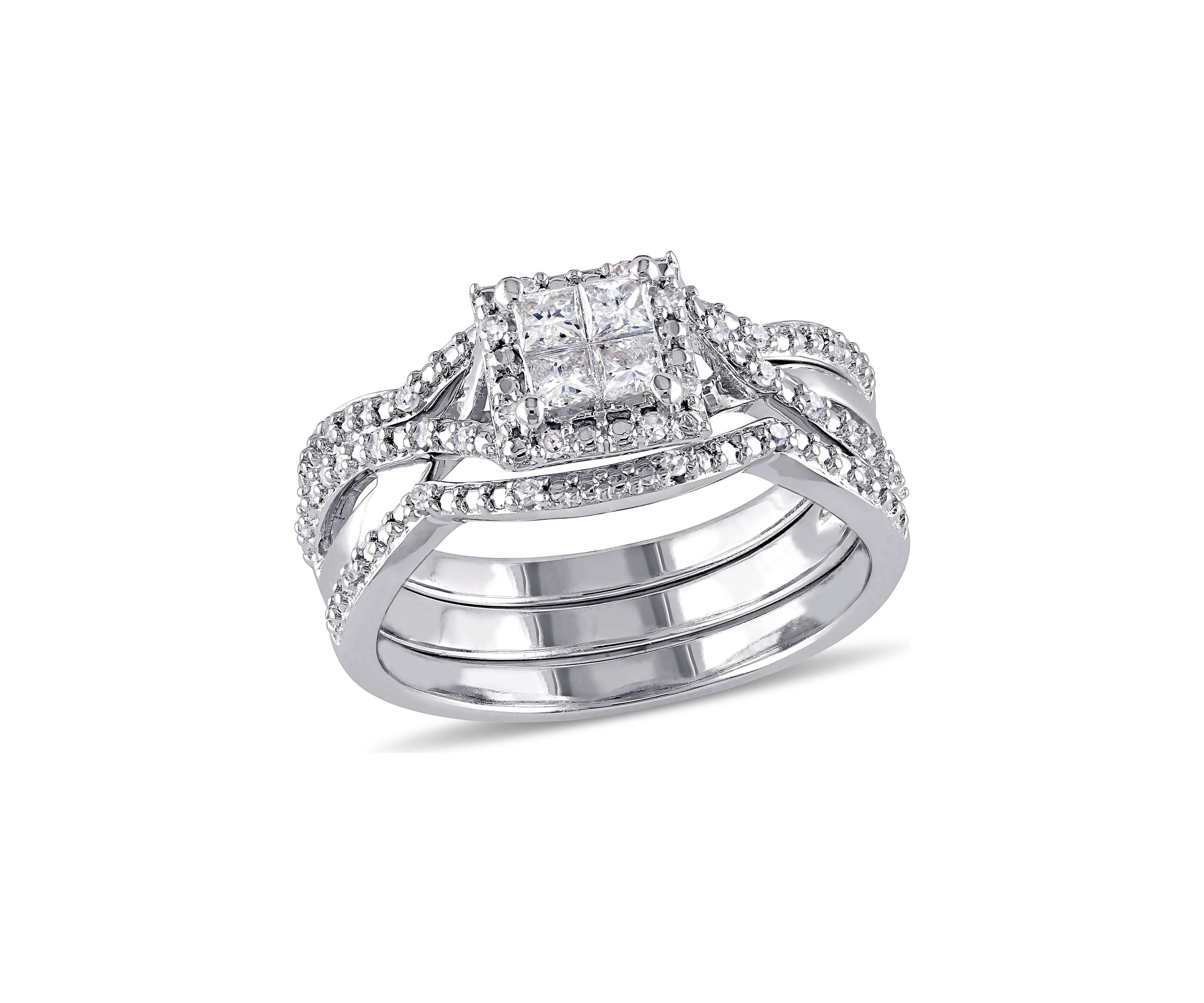 1/2 ct. t.w. Diamond Princess Cut Halo 3-Piece Bridal Set in Sterling Silver