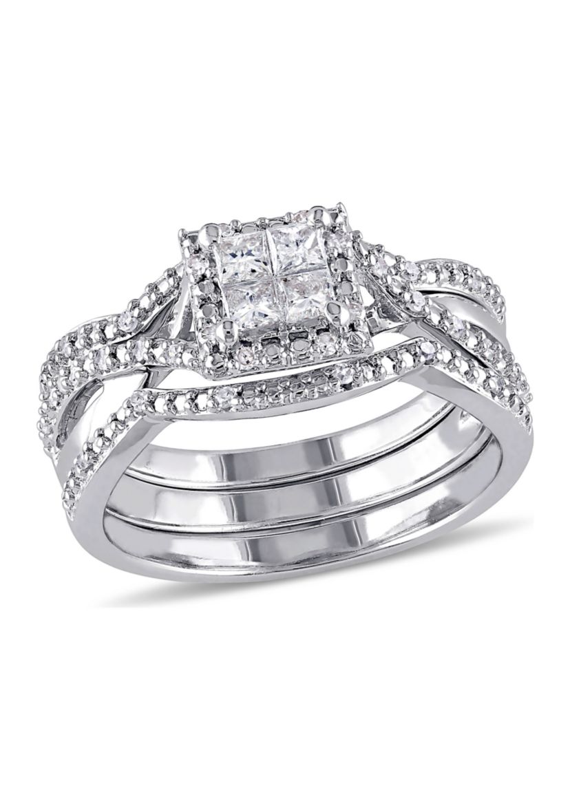 1/2 ct. t.w. Diamond Princess Cut Halo 3-Piece Bridal Set in Sterling Silver