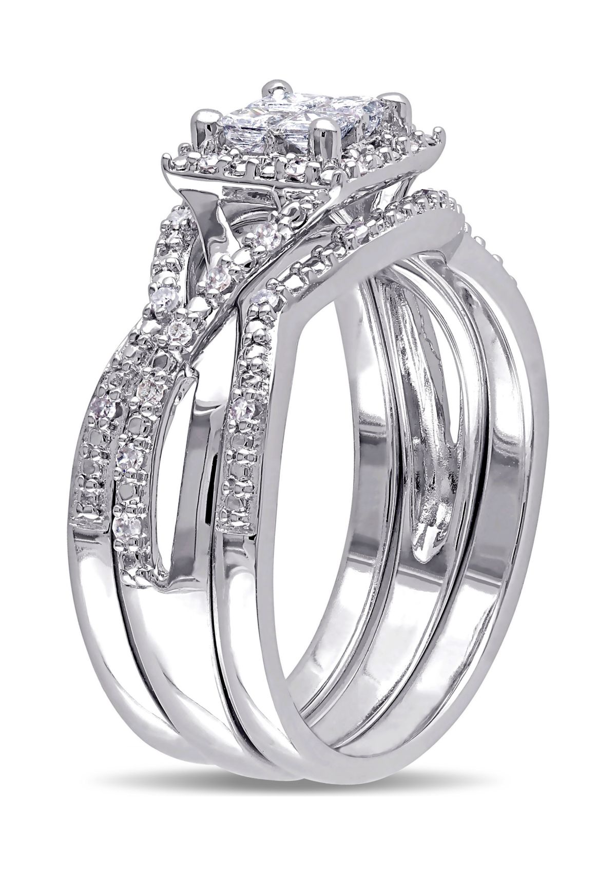 1/2 ct. t.w. Diamond Princess Cut Halo 3-Piece Bridal Set in Sterling Silver