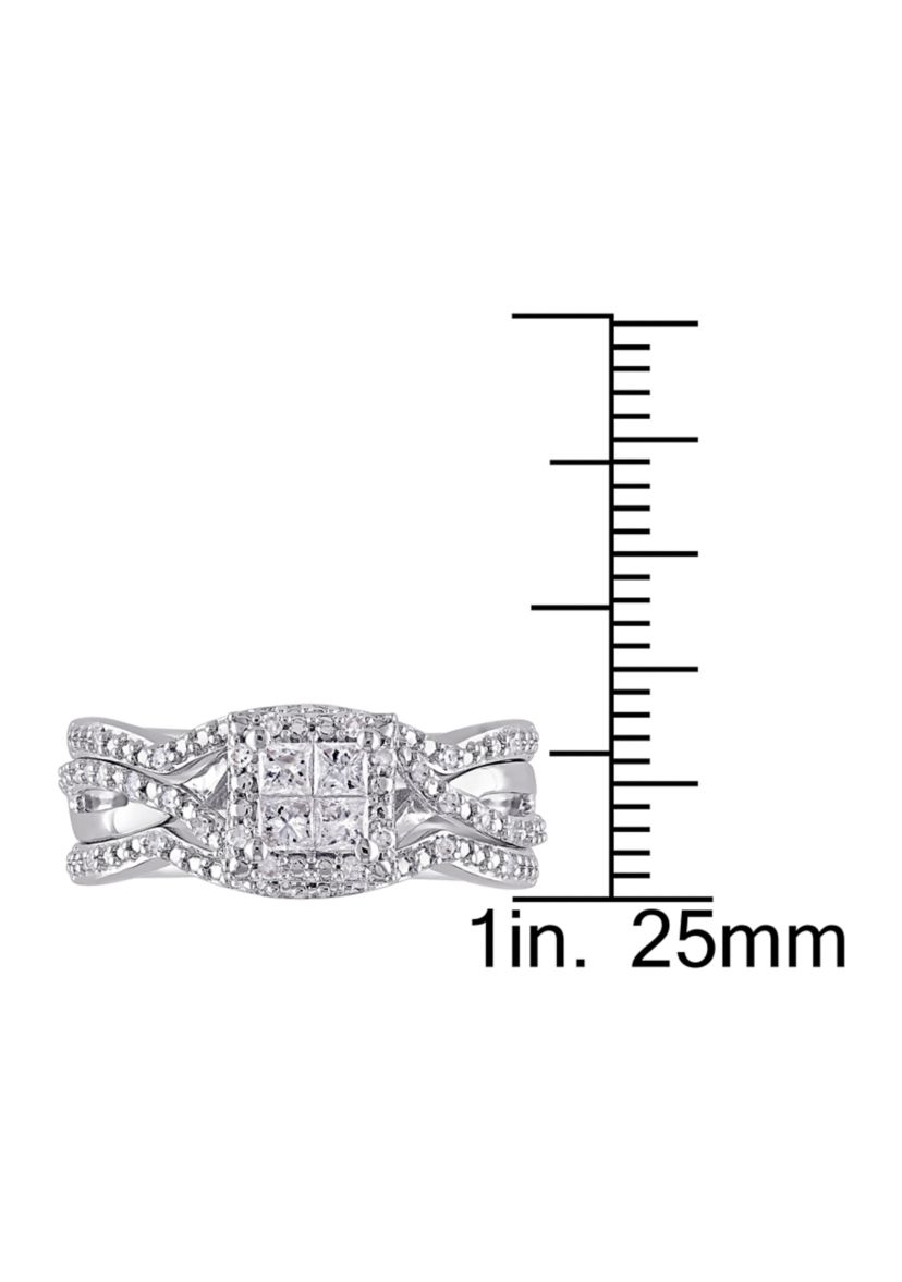 1/2 ct. t.w. Diamond Princess Cut Halo 3-Piece Bridal Set in Sterling Silver