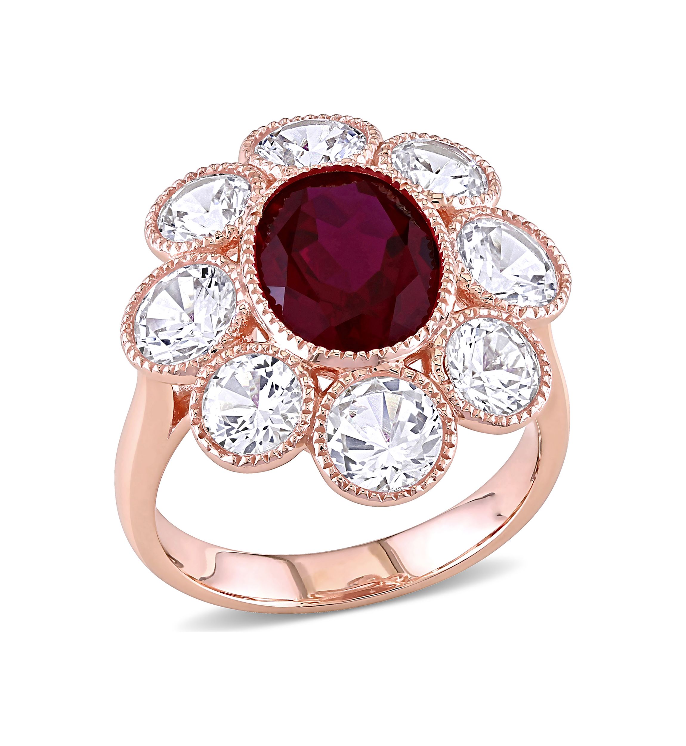 4.15 ct. t.w. Created Ruby and 4.4 ct. t.w. Created White Sapphire Floral Ring in 10K Rose Gold