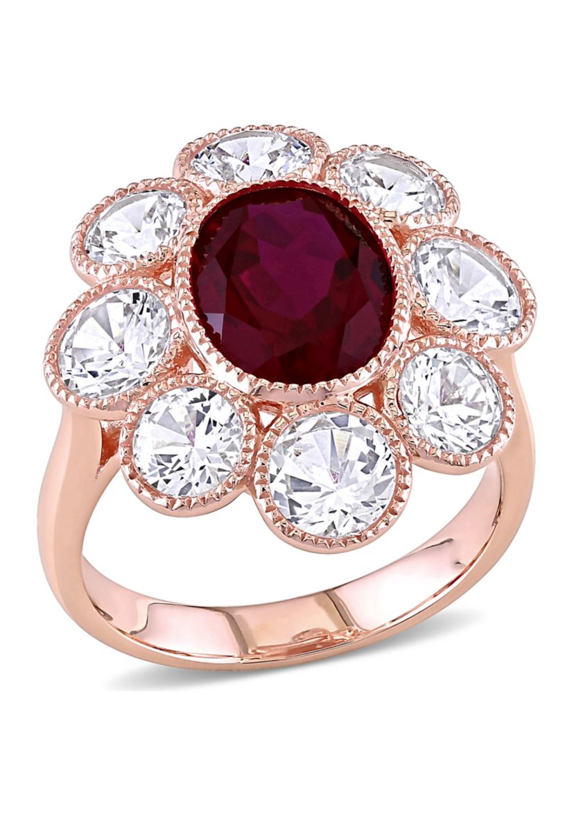 4.15 ct. t.w. Created Ruby and 4.4 ct. t.w. Created White Sapphire Floral Ring in 10K Rose Gold