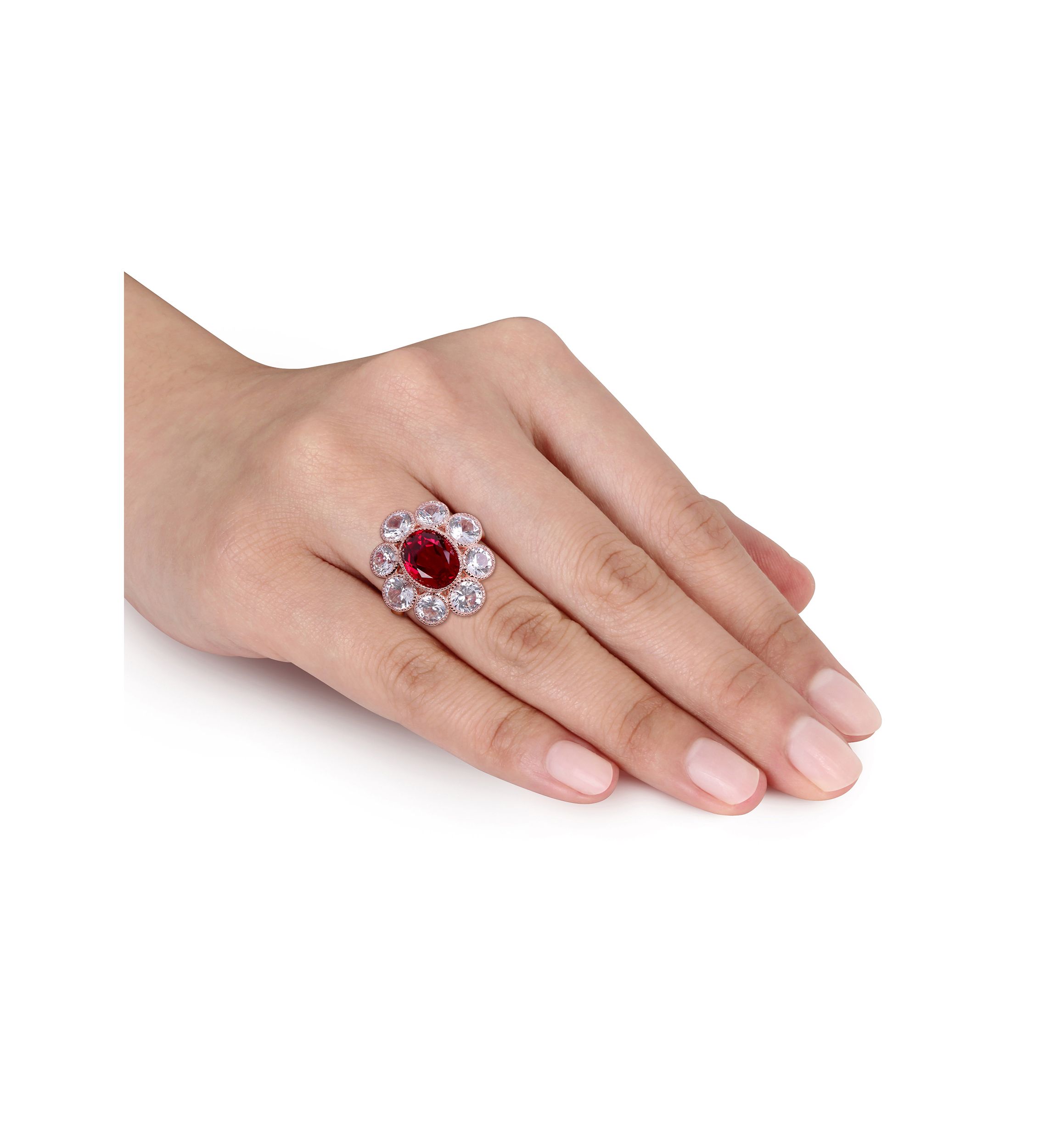 4.15 ct. t.w. Created Ruby and 4.4 ct. t.w. Created White Sapphire Floral Ring in 10K Rose Gold