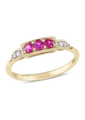 Belk & Co 1/4 Ct. T.w. Created Ruby And Diamond Accent 3-Stone Ring In 10K Yellow Gold