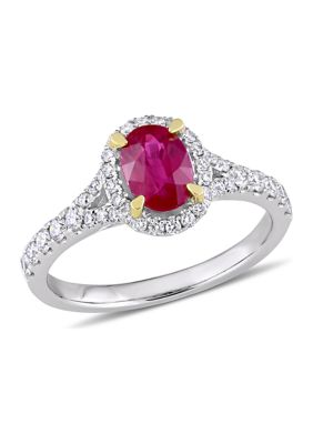 Belk & Co 7/8 Ct. T.w. Ruby And 1/2 Ct. T.w. Diamond Oval Halo Ring In 14K White Gold With Yellow Gold Prongs