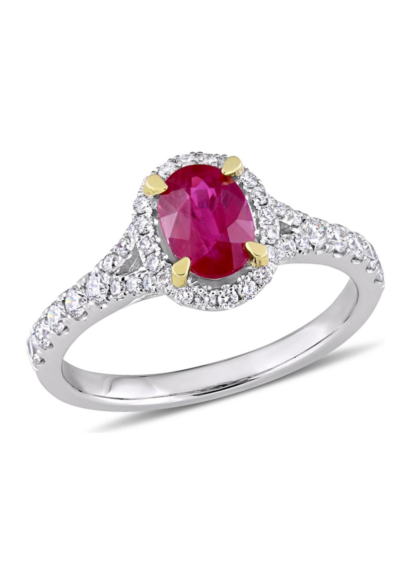7/8 ct. t.w. Ruby and 1/2 ct. t.w. Diamond Oval Halo Ring in 14k White Gold with Yellow Gold Prongs