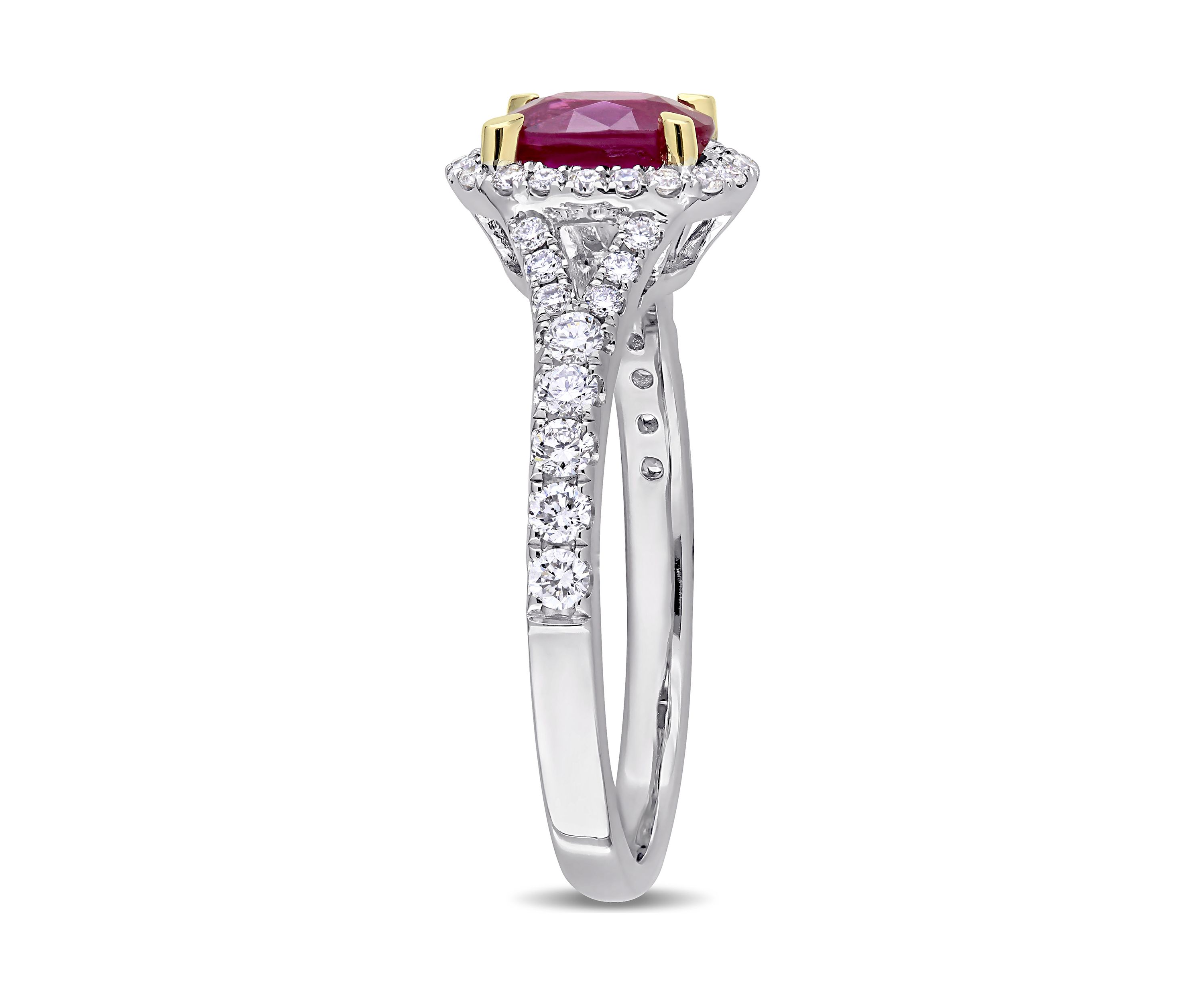 7/8 ct. t.w. Ruby and 1/2 ct. t.w. Diamond Oval Halo Ring in 14k White Gold with Yellow Gold Prongs