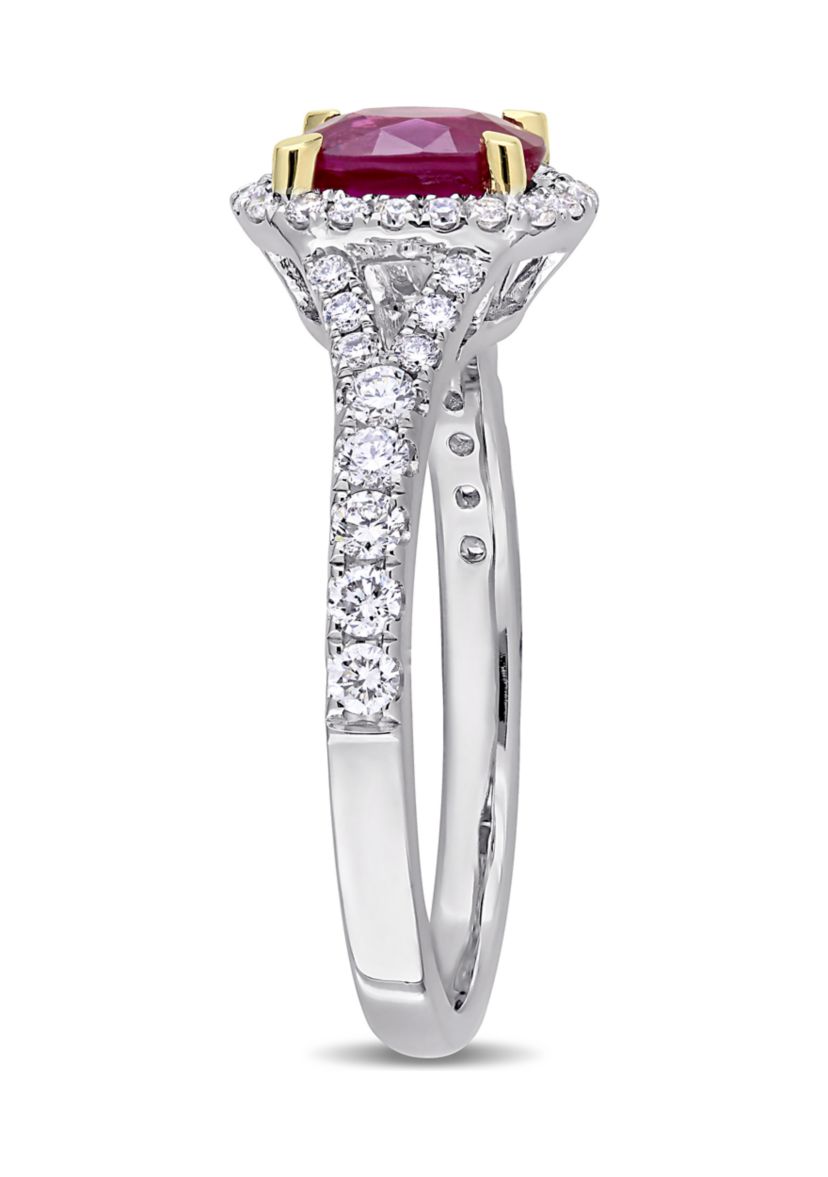 7/8 ct. t.w. Ruby and 1/2 ct. t.w. Diamond Oval Halo Ring in 14k White Gold with Yellow Gold Prongs