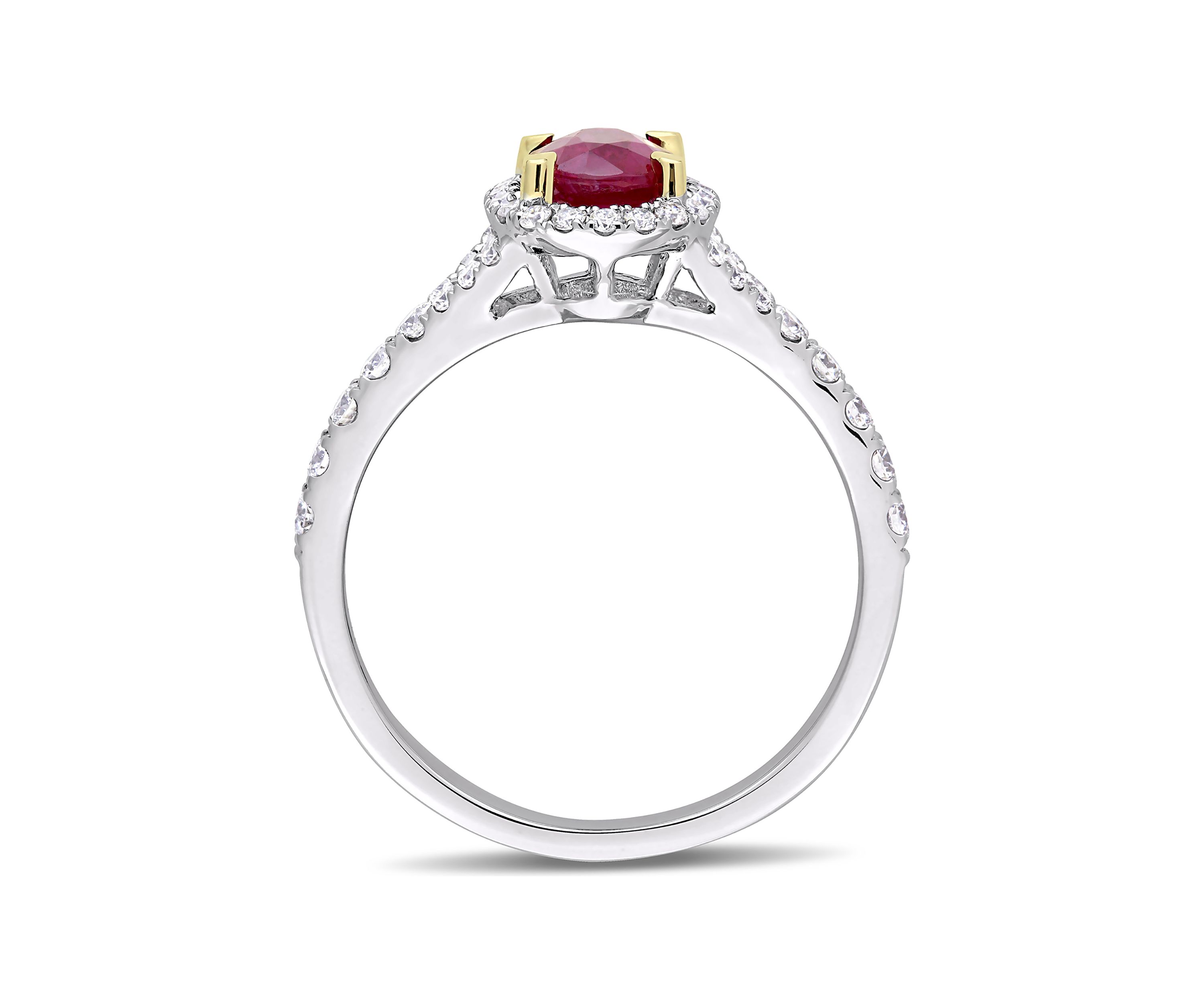 7/8 ct. t.w. Ruby and 1/2 ct. t.w. Diamond Oval Halo Ring in 14k White Gold with Yellow Gold Prongs