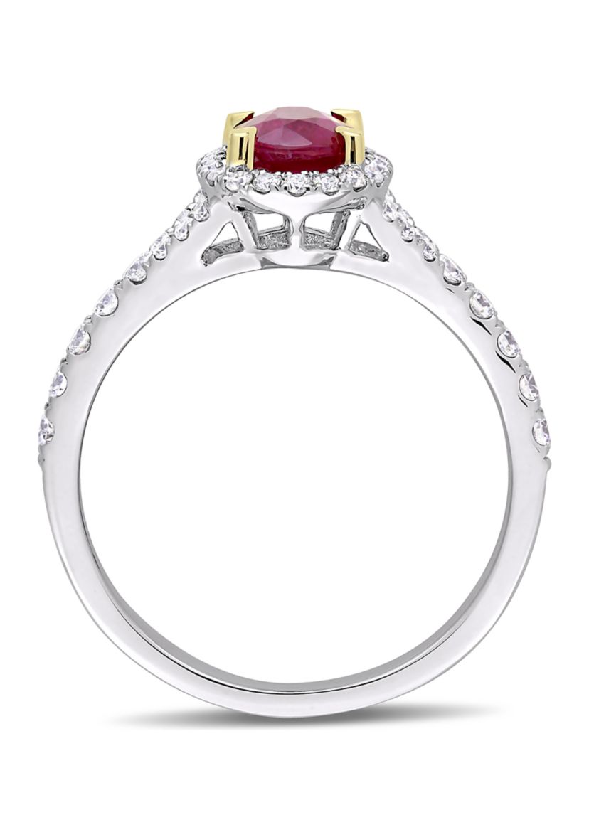 7/8 ct. t.w. Ruby and 1/2 ct. t.w. Diamond Oval Halo Ring in 14k White Gold with Yellow Gold Prongs