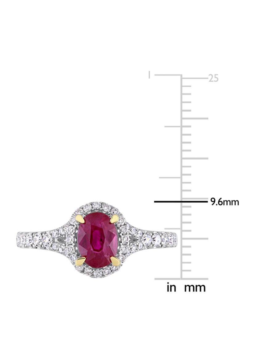 7/8 ct. t.w. Ruby and 1/2 ct. t.w. Diamond Oval Halo Ring in 14k White Gold with Yellow Gold Prongs